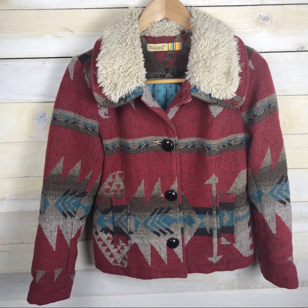 True Grit Red Patterned Jacket with Shearling Collar